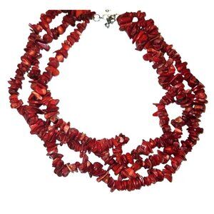 Vintage Necklace Red Coral Chip Beaded Three-Strand Statement 7.5"